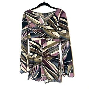Abstract Print Mesh Top Long Sleeve V Neck Bell‎ Sleeve Blouse Size M